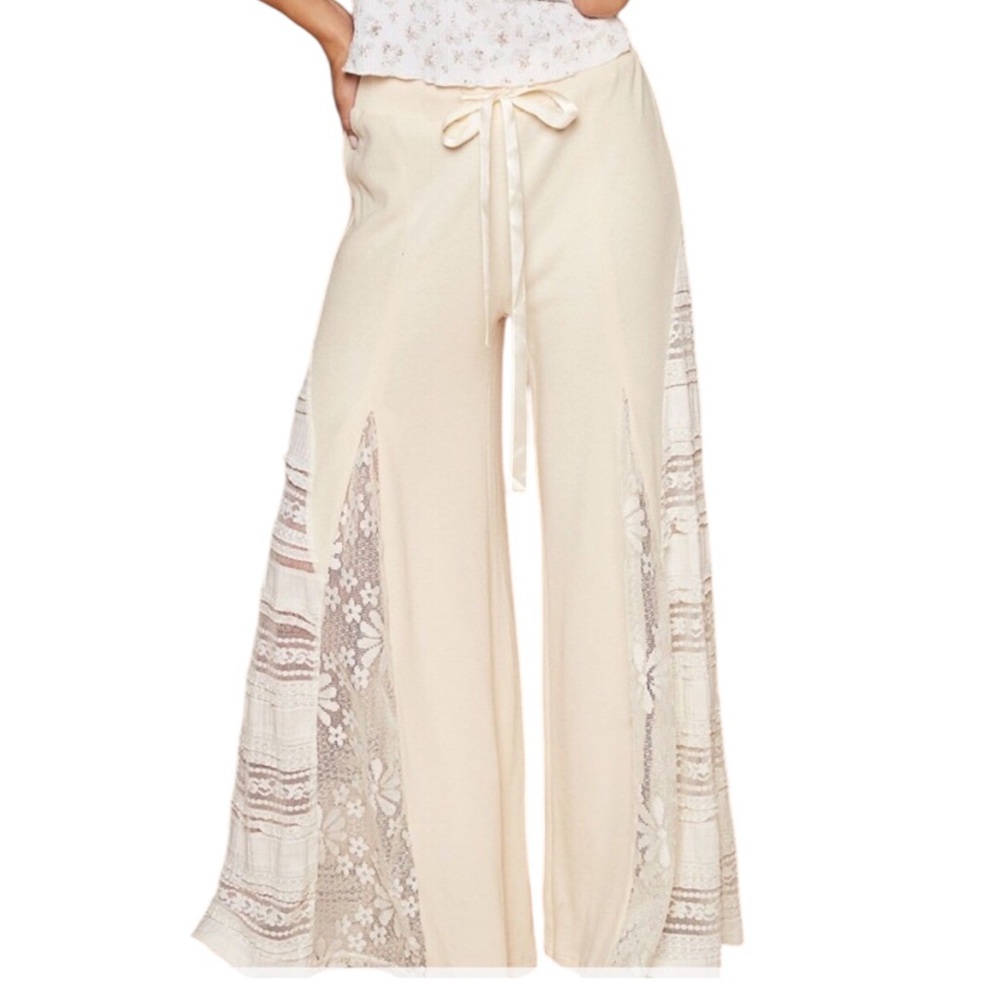 POL Lace Contrast Adjustable Wide Leg Pants Lace Panels Sexy Comfortable